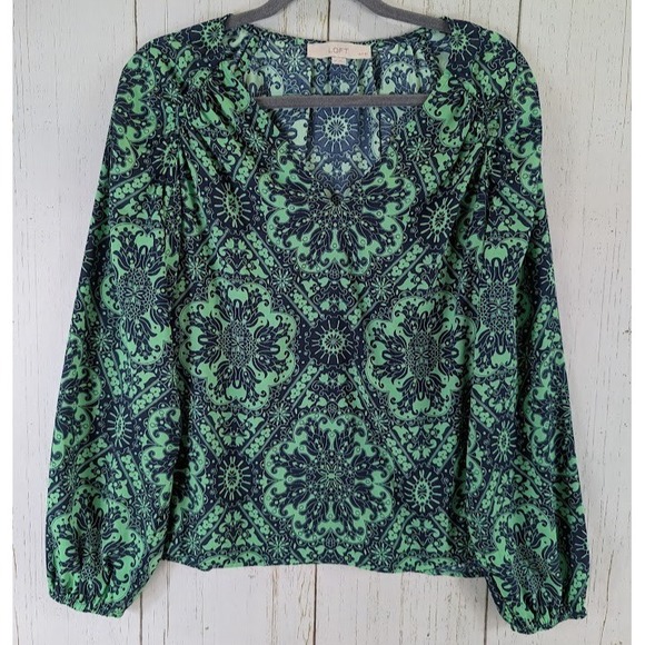 LOFT Tops - LOFT Size Large Petite Black Green Mandala Floral V Neck Balloon Sleeve‎ Top
